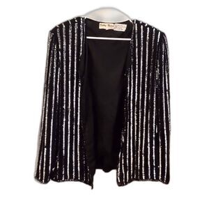 Vintage Silky Nites Black Silk Silver Sequined Evening Jacket Size PXL